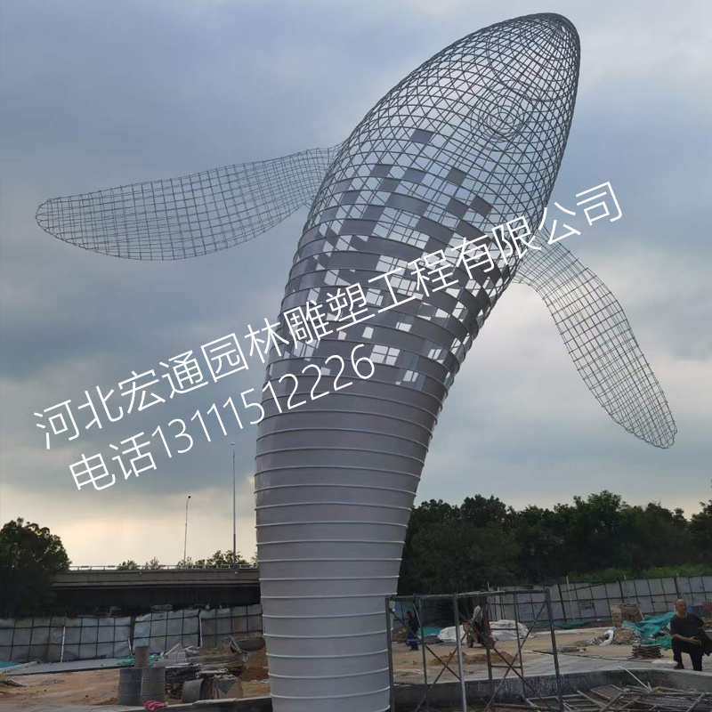 厂家定制不锈钢雕塑鲸鱼海豚水景观大型户外酒店抽象金属装饰品